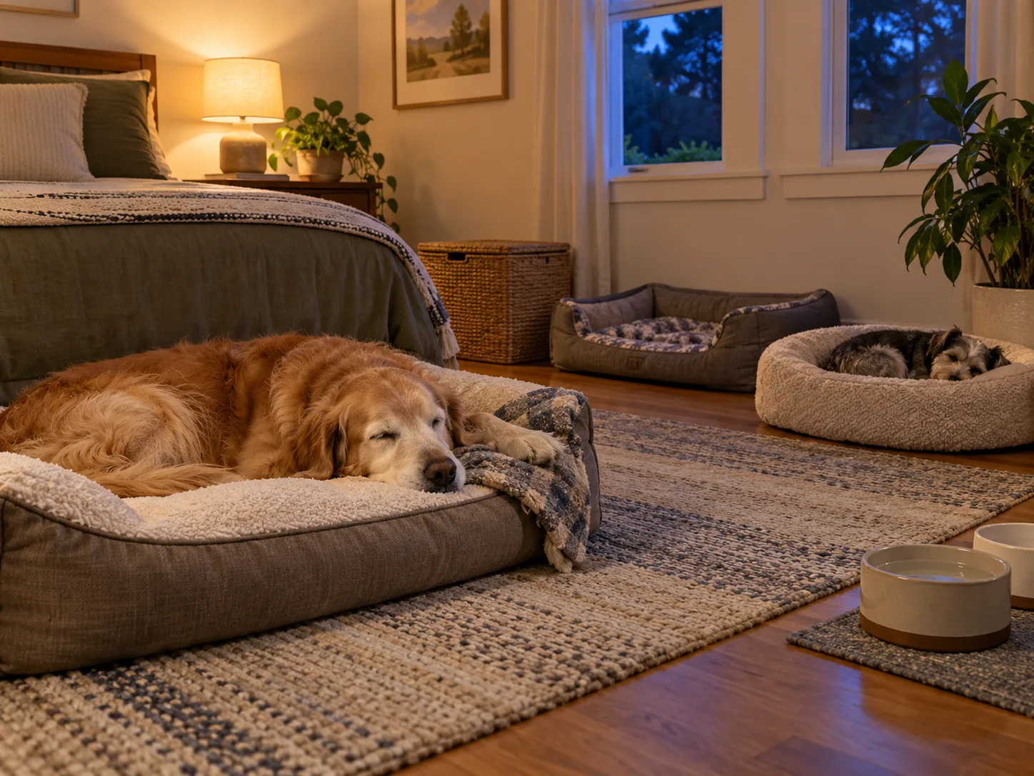 Two dogs sleeping in separate beds in a warm home bedroom